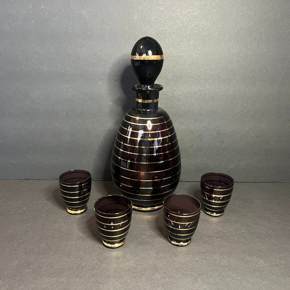 VTG Boho Czech 5pc Purple & Gold Striped Amethyst Glass 18oz Decanter & Glasses